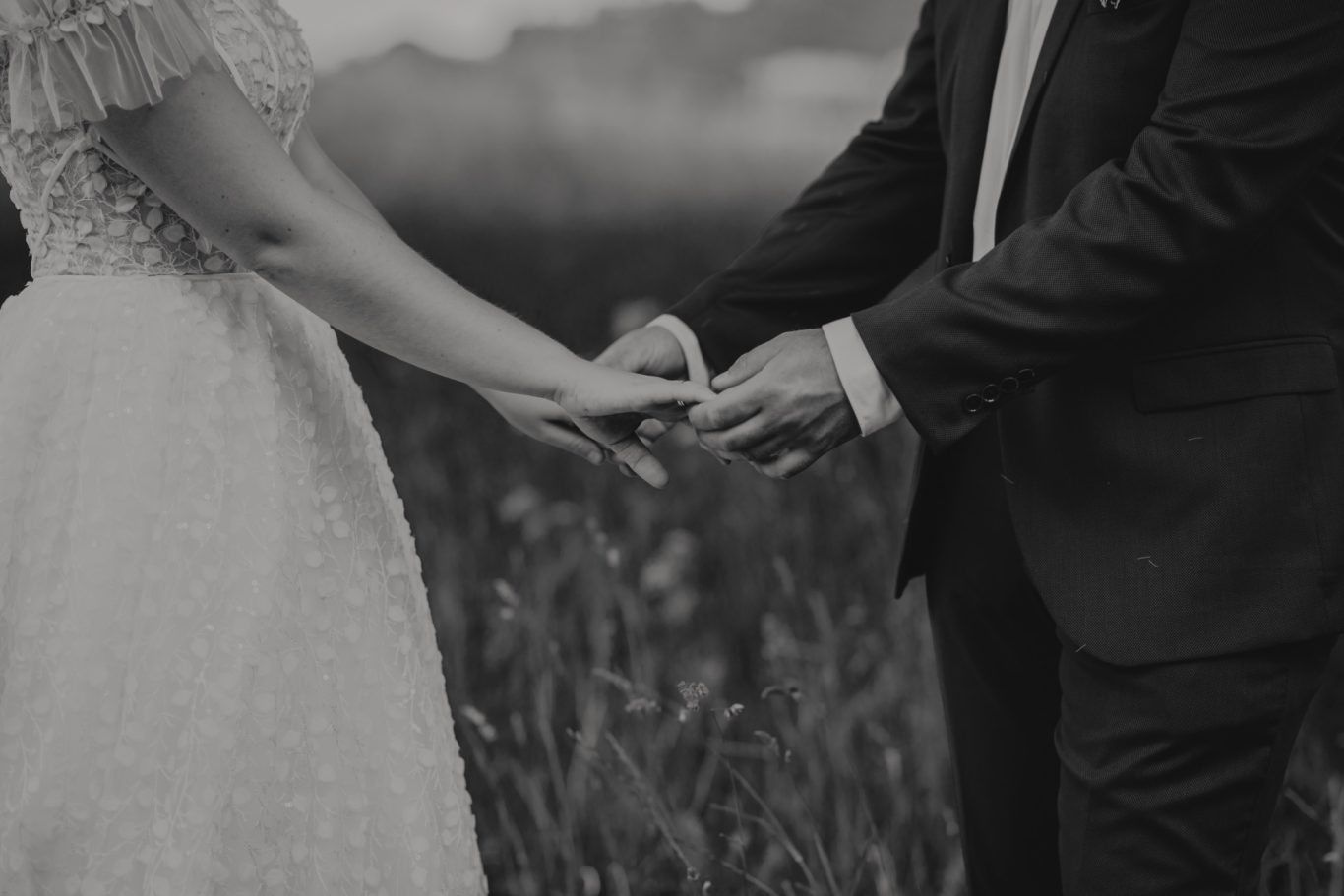 Hände eines Paares, die einander in einer natürlichen Umgebung halten.